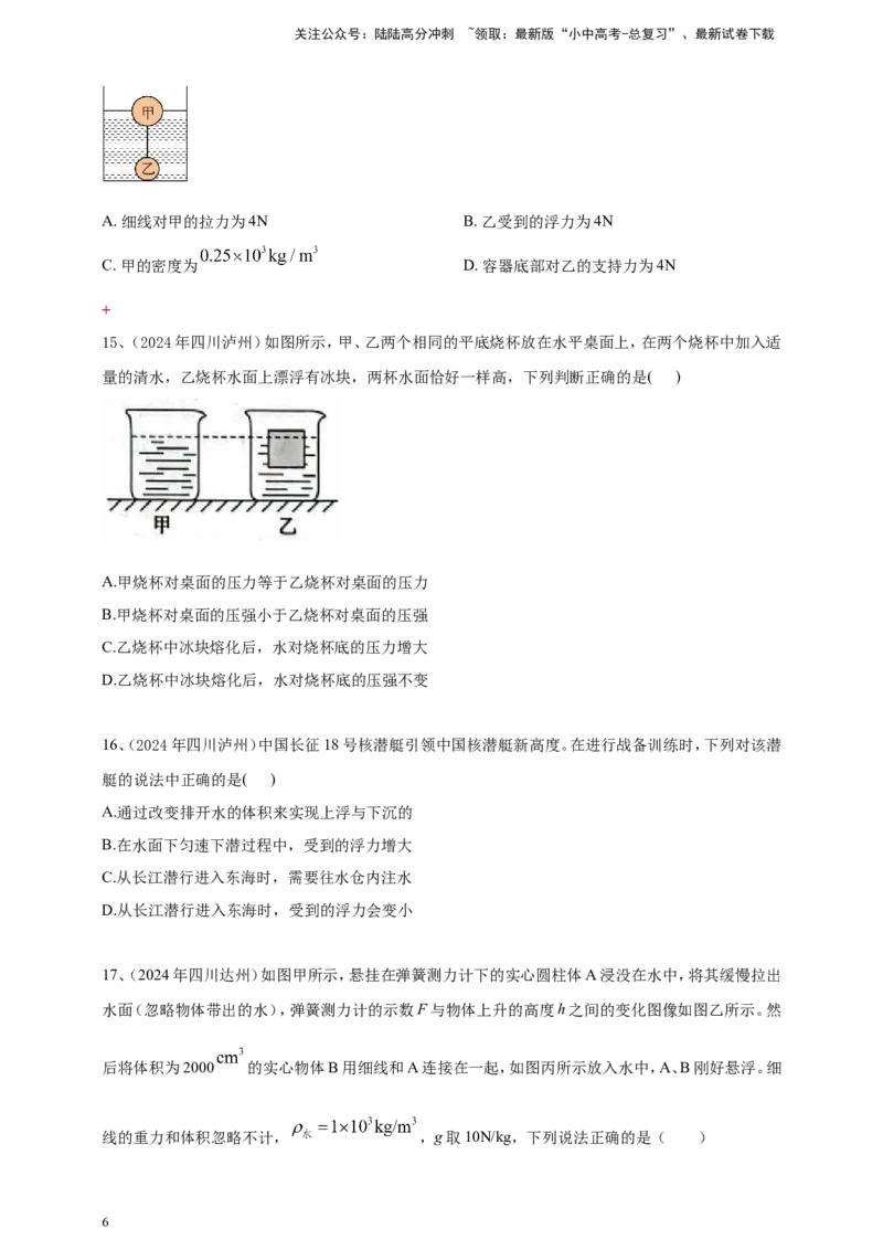 2024年中考物理分类汇编---浮力_02中考总复习（2026版更新中）_04-物理-中考总复习_2025年中考复习资料_备考20252024年中考物理真题分类汇编（原卷版+解析版）_10、浮力