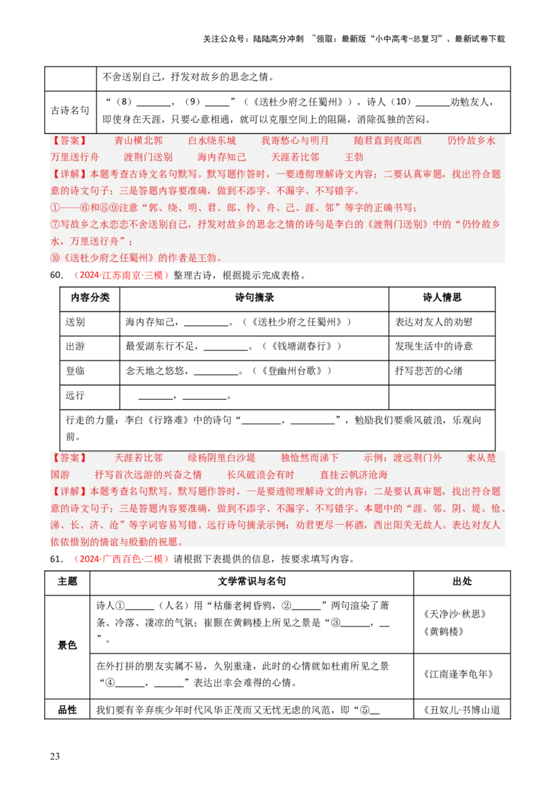 2024年中考模拟卷默写题精选-备战2025年中考语文一轮复习古诗文默写（全国通用）解析版_02中考总复习（2026版更新中）_01-语文-中考总复习_2025年中考资料_中考文言文专项