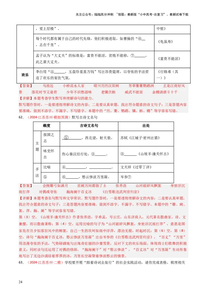 2024年中考模拟卷默写题精选-备战2025年中考语文一轮复习古诗文默写（全国通用）解析版_02中考总复习（2026版更新中）_01-语文-中考总复习_2025年中考资料_中考文言文专项