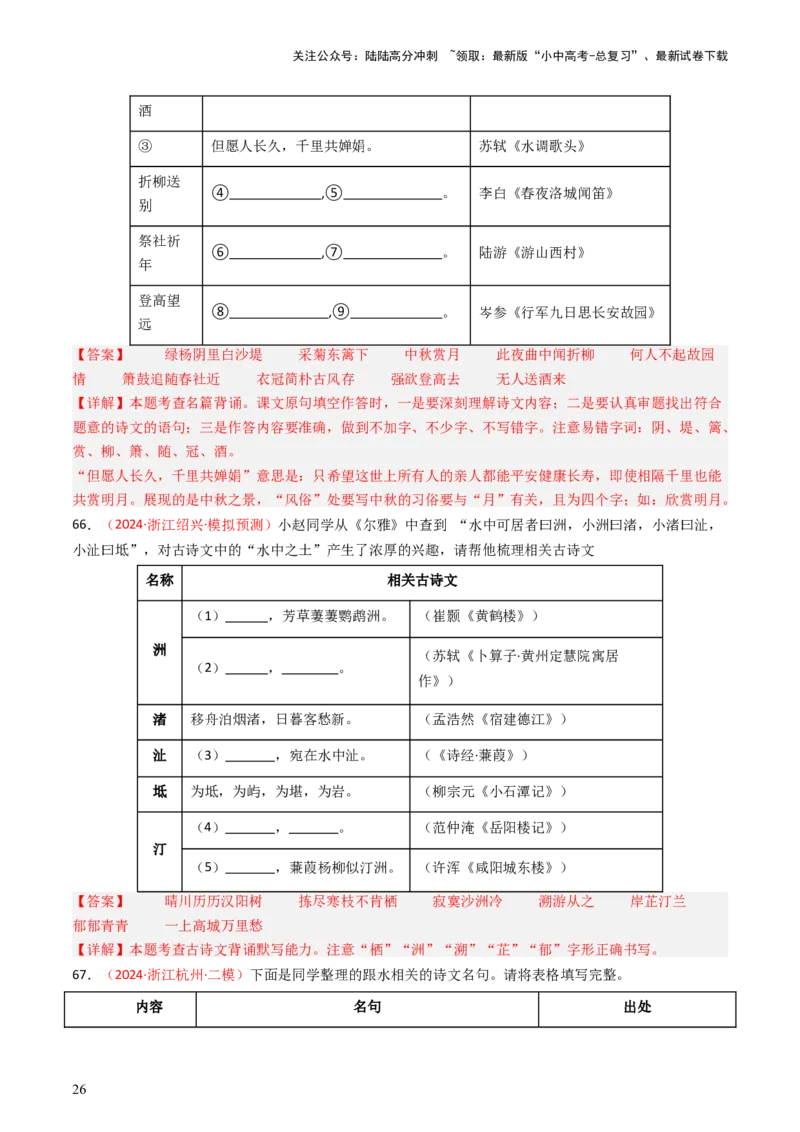 2024年中考模拟卷默写题精选-备战2025年中考语文一轮复习古诗文默写（全国通用）解析版_02中考总复习（2026版更新中）_01-语文-中考总复习_2025年中考资料_中考文言文专项
