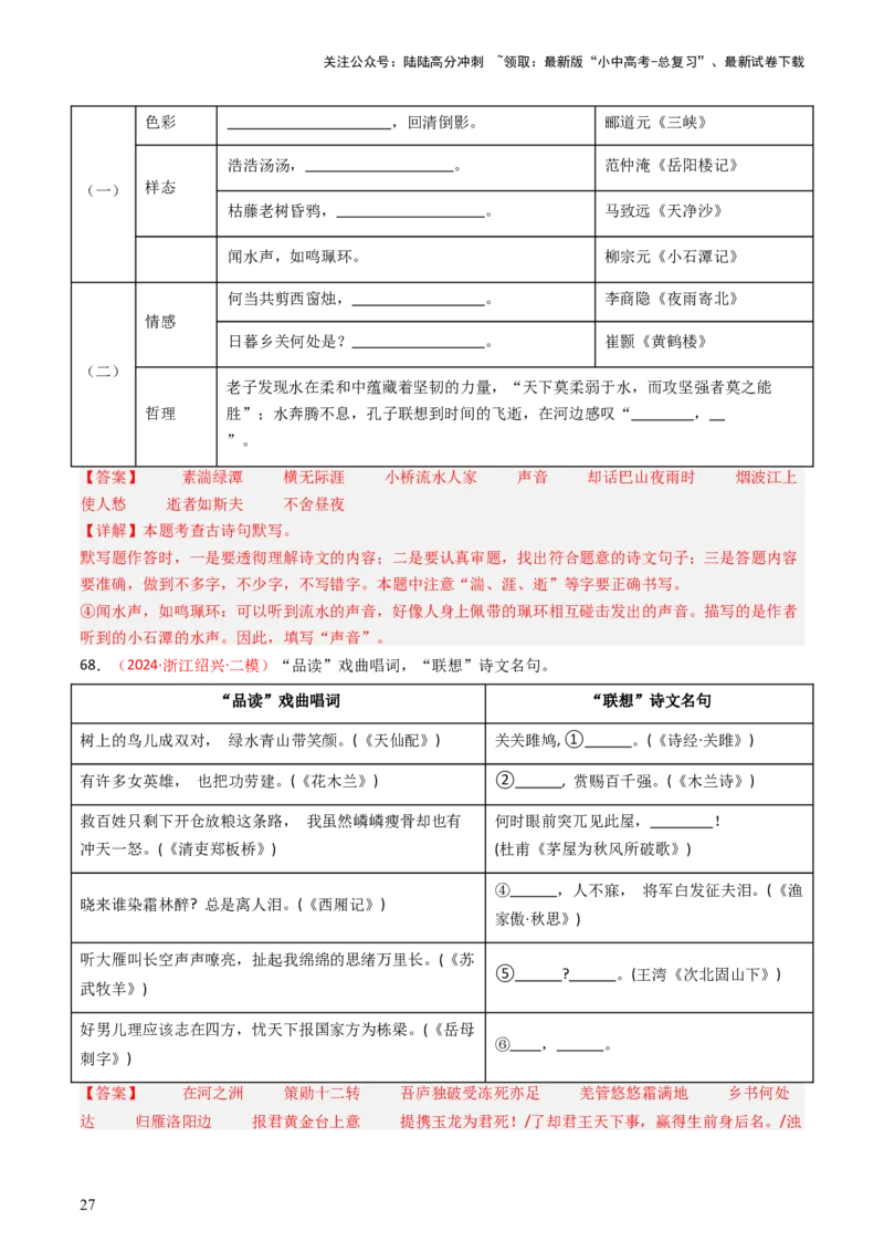 2024年中考模拟卷默写题精选-备战2025年中考语文一轮复习古诗文默写（全国通用）解析版_02中考总复习（2026版更新中）_01-语文-中考总复习_2025年中考资料_中考文言文专项