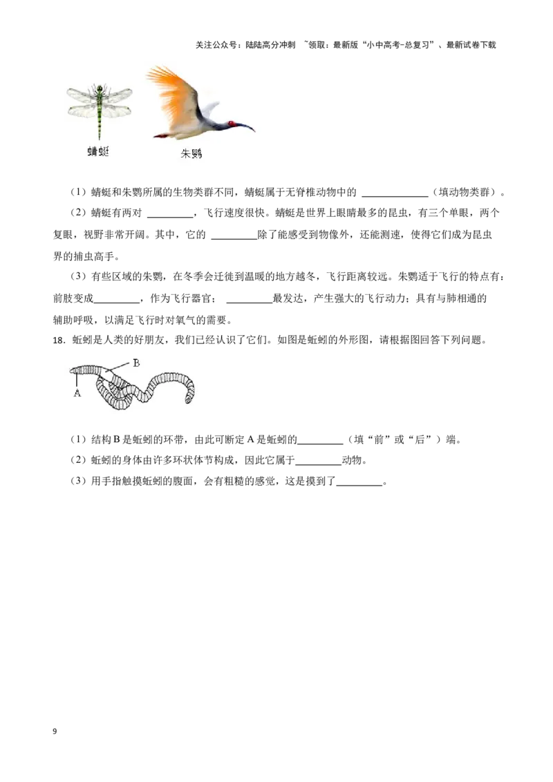 2024年中考生物读图理解专题复习：生物圈中的动物（含答案）_02中考总复习（2026版更新中）_08-生物-中考总复习_2024年中考复习资料_二轮复习_备考2024中考生物二轮复习读图理解精练