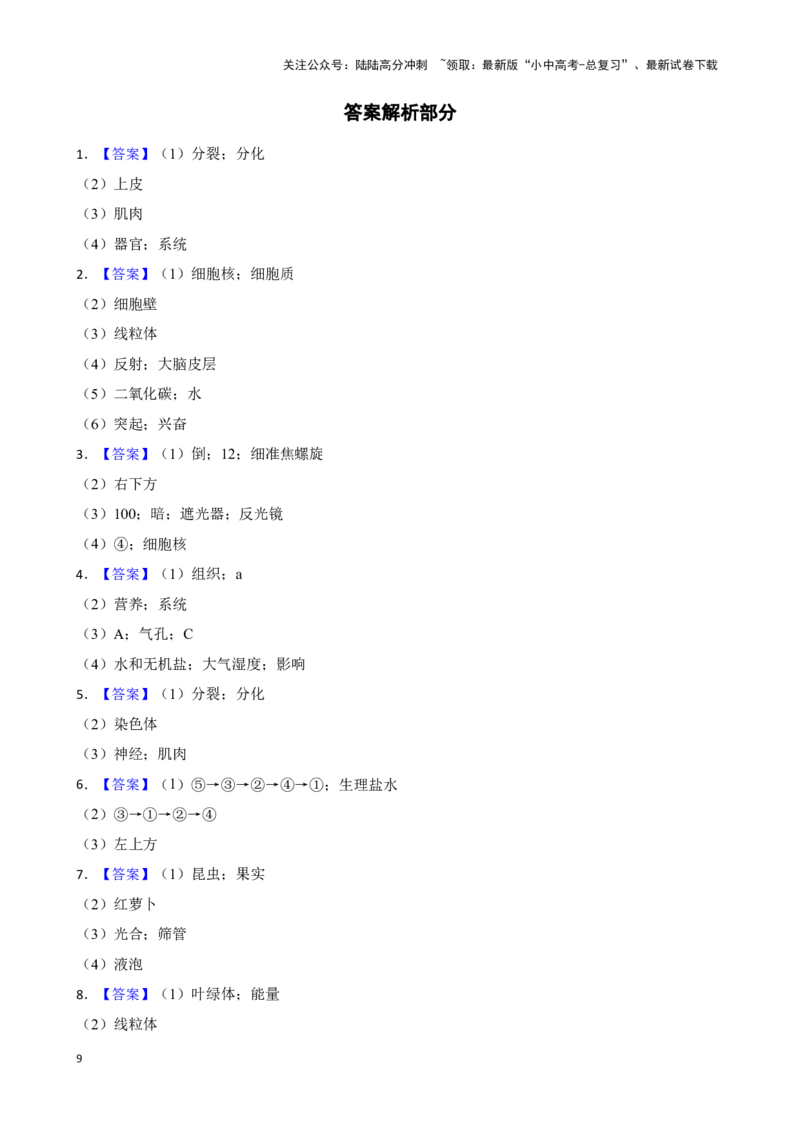 2024年中考生物读图理解专题复习：生物体的结构层次（含答案）_02中考总复习（2026版更新中）_08-生物-中考总复习_2024年中考复习资料_二轮复习