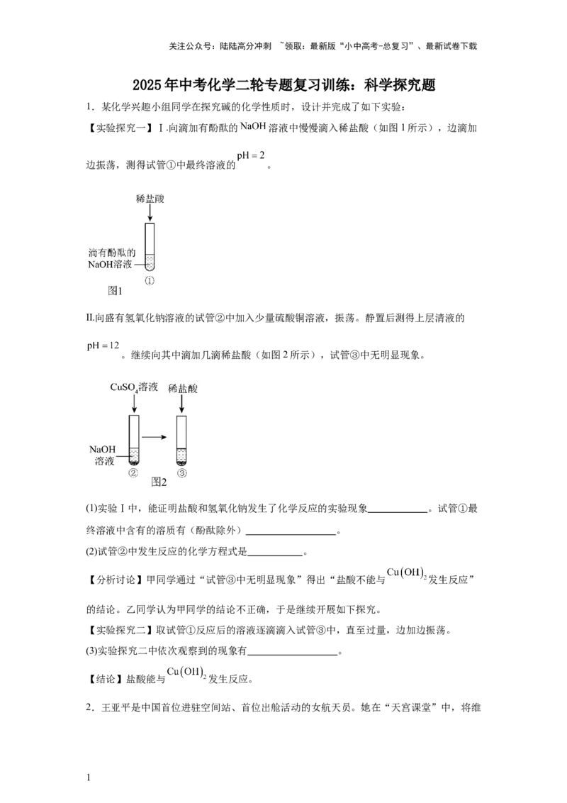 2025年中考化学二轮专题复习训练：科学探究题（含答案）_02中考总复习（2026版更新中）_05-化学-中考总复习_2025年中考复习资料_2025年中考化学二轮专题复习题型训练