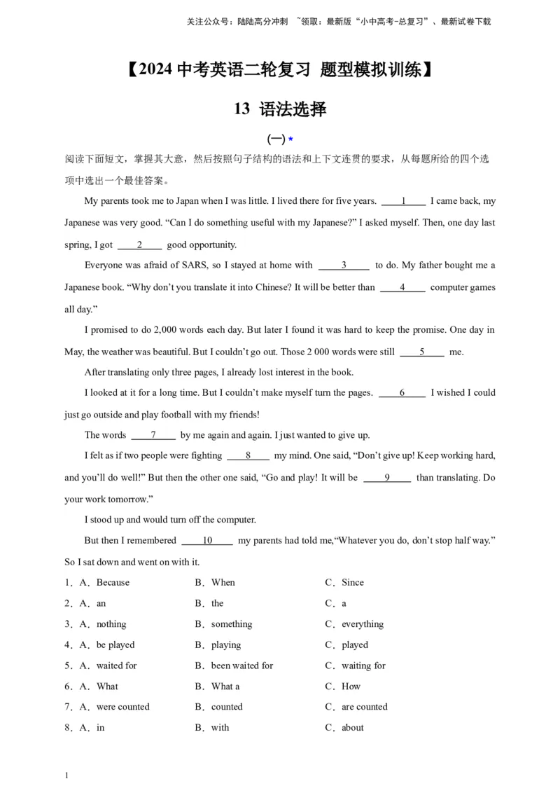 2024中考英语二轮复习题型模拟训练13语法选择（解析版）_02中考总复习（2026版更新中）_03-英语-中考总复习_2024年中考复习资料_二轮复习