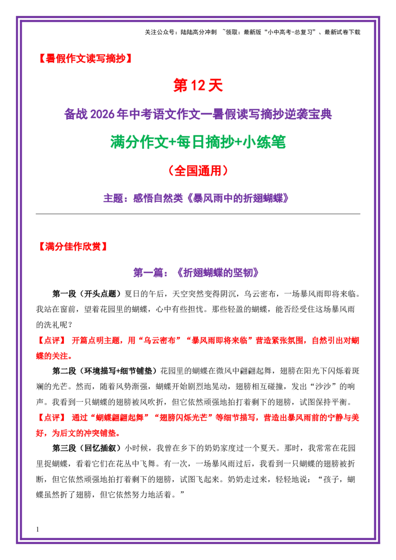 12.第12天主题：感悟自然类《暴风雨中的折翅蝴蝶》（2025年暑假读写摘抄宝典）-备战2026年中考语文作文常见十大母题写作技巧与策略（全国通用）_02中考总复习（2026版更新中）