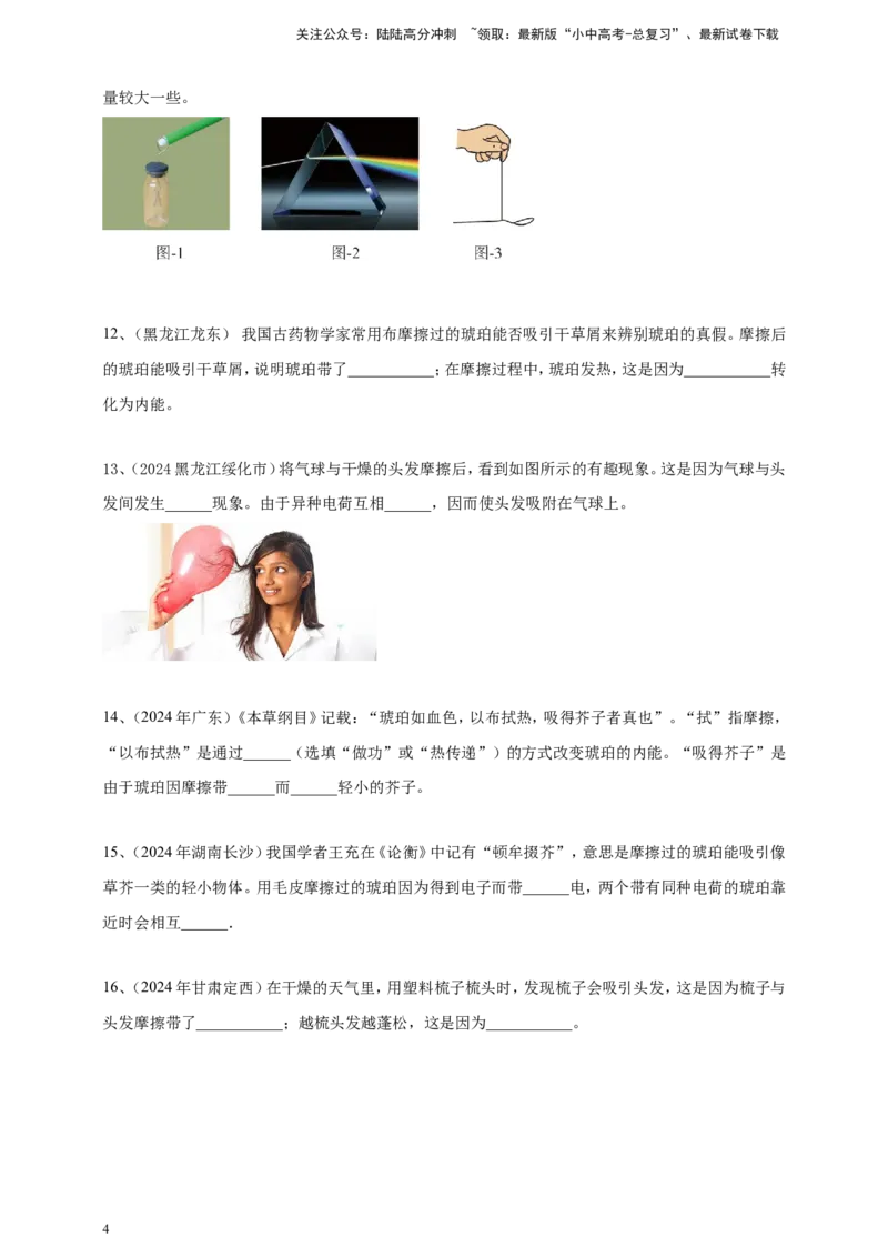 2024年中考物理分类汇编---摩擦起电_02中考总复习（2026版更新中）_04-物理-中考总复习_2025年中考复习资料_备考20252024年中考物理真题分类汇编（原卷版+解析版）_13、摩擦起电