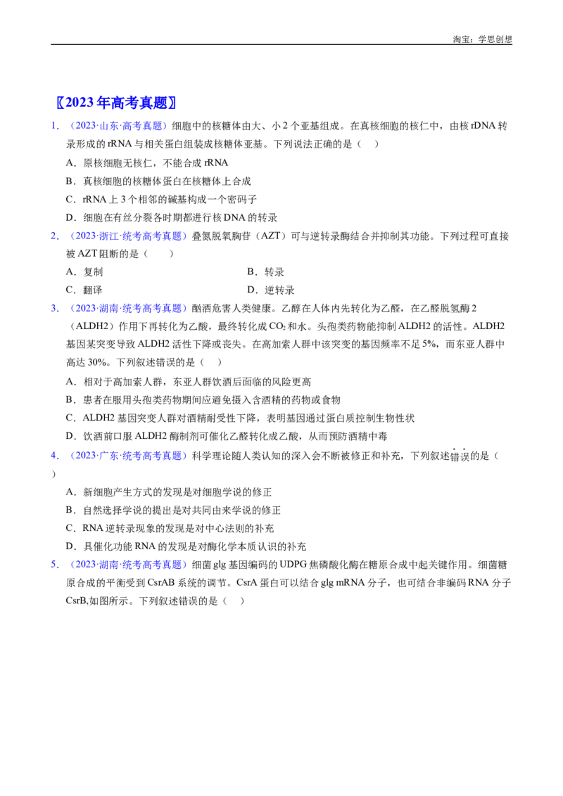 专题10遗传的分子基础好题汇编十年（2015-2024）高考生物真题分项汇编（全国通用）（原卷版）_生物真题汇总_十年（2014-2024）高考生物真题分项汇编（全国通用）
