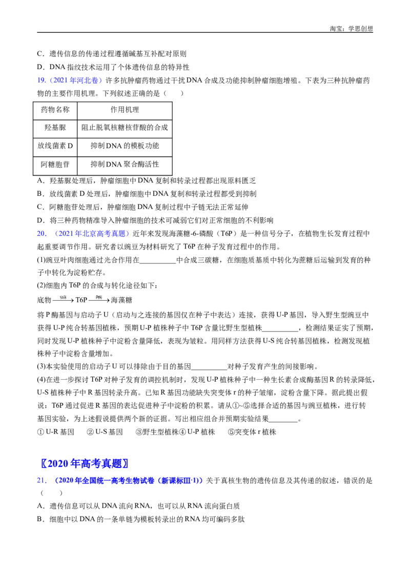 专题10遗传的分子基础好题汇编十年（2015-2024）高考生物真题分项汇编（全国通用）（原卷版）_生物真题汇总_十年（2014-2024）高考生物真题分项汇编（全国通用）