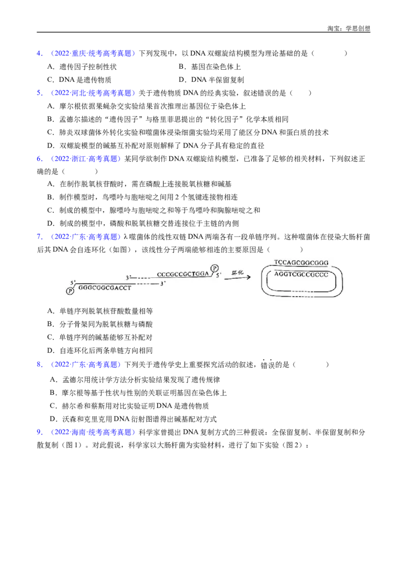专题10遗传的分子基础好题汇编十年（2015-2024）高考生物真题分项汇编（全国通用）（原卷版）_生物真题汇总_十年（2014-2024）高考生物真题分项汇编（全国通用）