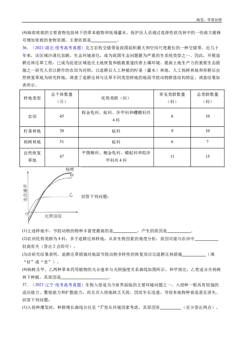 专题21种群和群落-好题汇编十年（2015-2024）高考生物真题分类汇编（全国通用）（原卷版）_生物真题汇总_十年（2014-2024）高考生物真题分项汇编（全国通用）