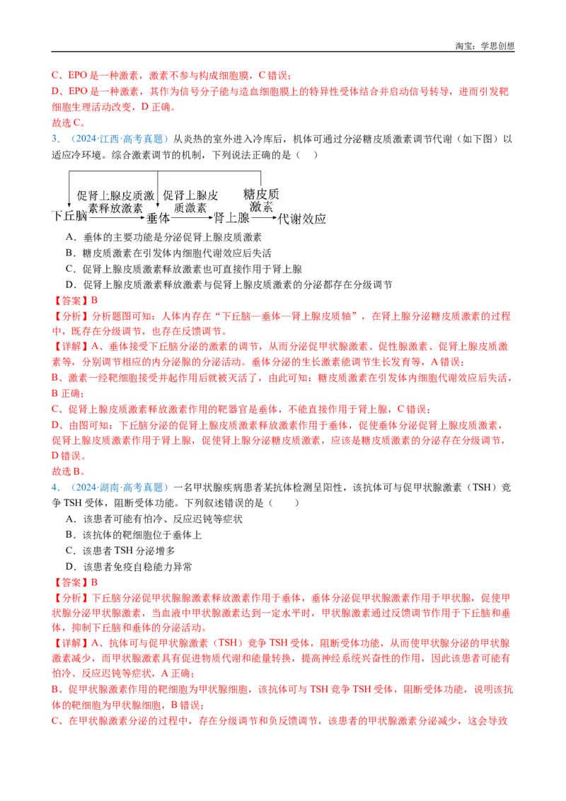 专题18体液调节-好题汇编十年（2015-2024）高考生物真题分类汇编（全国通用）（解析版）_生物真题汇总_十年（2014-2024）高考生物真题分项汇编（全国通用）