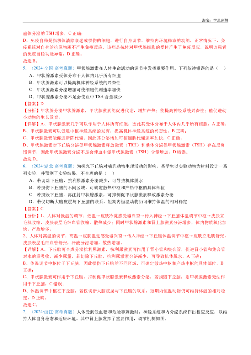 专题18体液调节-好题汇编十年（2015-2024）高考生物真题分类汇编（全国通用）（解析版）_生物真题汇总_十年（2014-2024）高考生物真题分项汇编（全国通用）