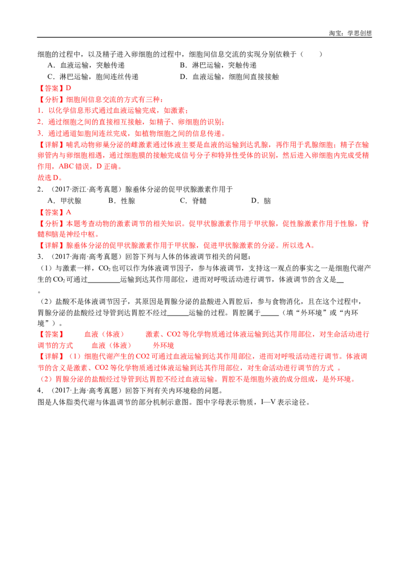 专题18体液调节-好题汇编十年（2015-2024）高考生物真题分类汇编（全国通用）（解析版）_生物真题汇总_十年（2014-2024）高考生物真题分项汇编（全国通用）