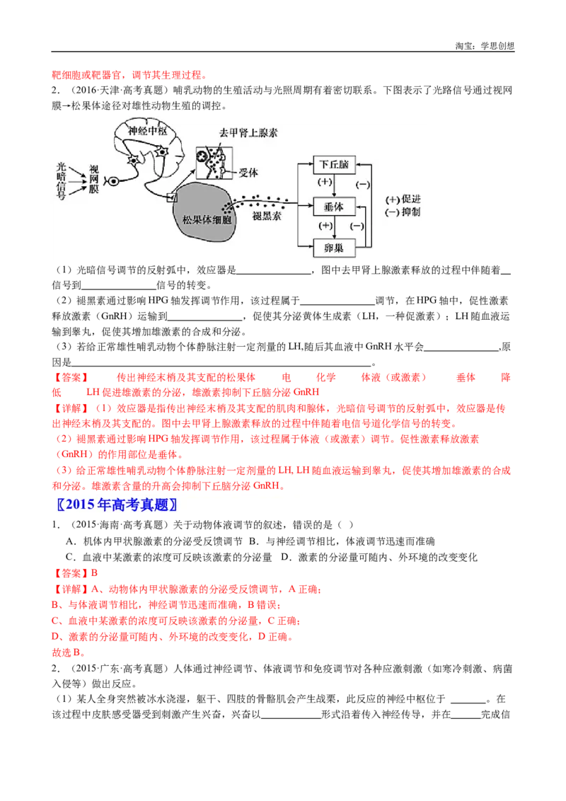 专题18体液调节-好题汇编十年（2015-2024）高考生物真题分类汇编（全国通用）（解析版）_生物真题汇总_十年（2014-2024）高考生物真题分项汇编（全国通用）