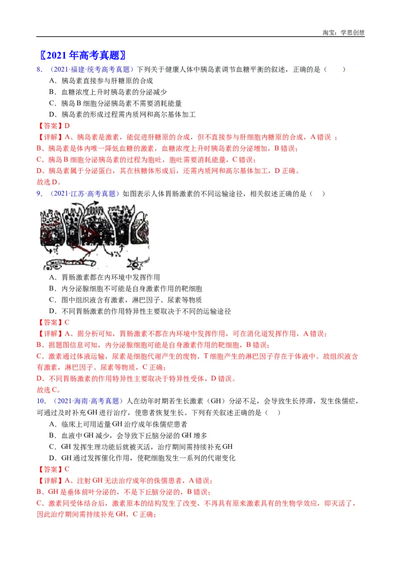 专题18体液调节-好题汇编十年（2015-2024）高考生物真题分类汇编（全国通用）（解析版）_生物真题汇总_十年（2014-2024）高考生物真题分项汇编（全国通用）