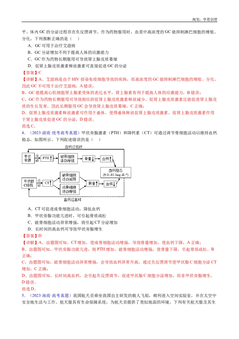 专题18体液调节-好题汇编十年（2015-2024）高考生物真题分类汇编（全国通用）（解析版）_生物真题汇总_十年（2014-2024）高考生物真题分项汇编（全国通用）