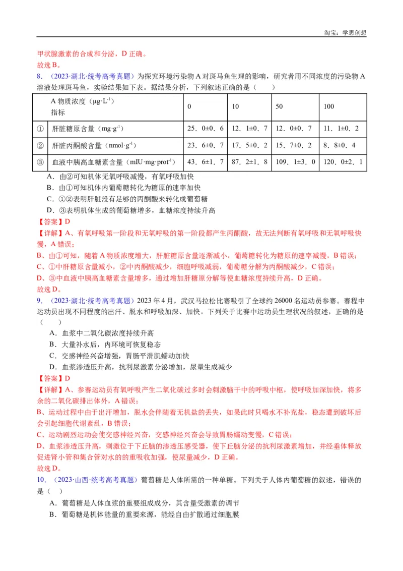 专题18体液调节-好题汇编十年（2015-2024）高考生物真题分类汇编（全国通用）（解析版）_生物真题汇总_十年（2014-2024）高考生物真题分项汇编（全国通用）