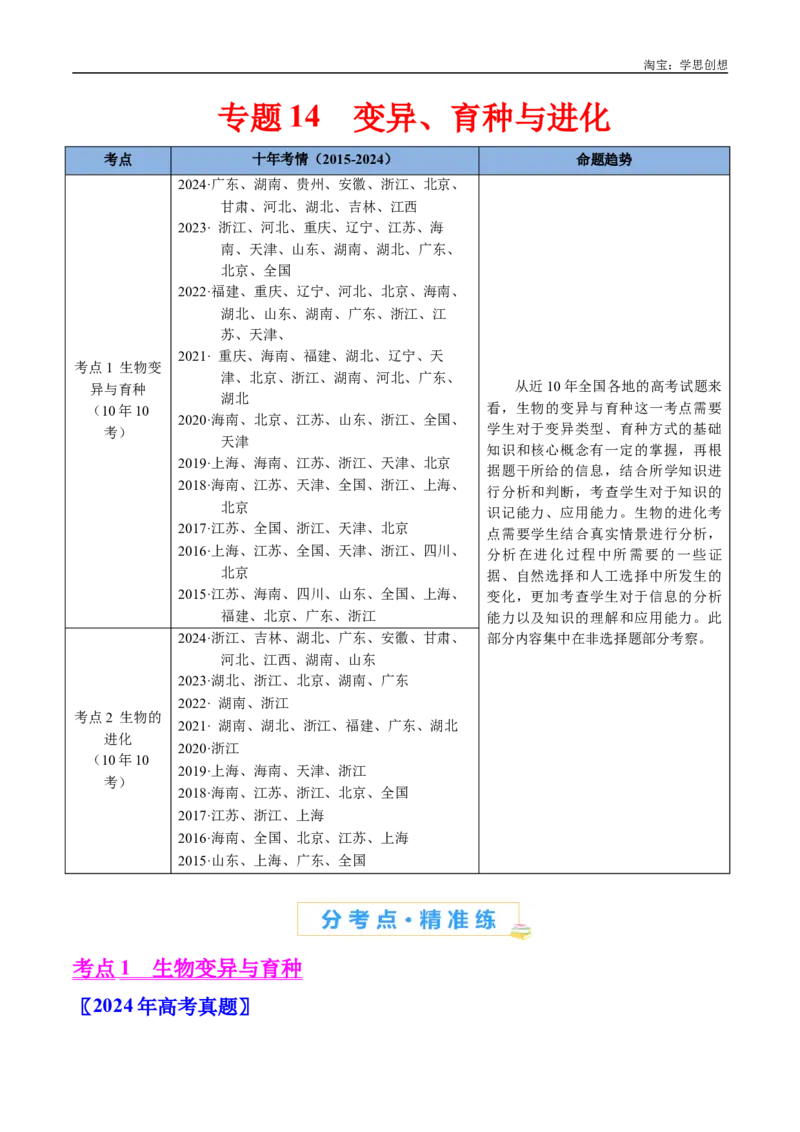 专题14变异、育种与进化-好题汇编十年（2015-2024）高考生物真题分类汇编（全国通用）（原卷版）_生物真题汇总_十年（2014-2024）高考生物真题分项汇编（全国通用）