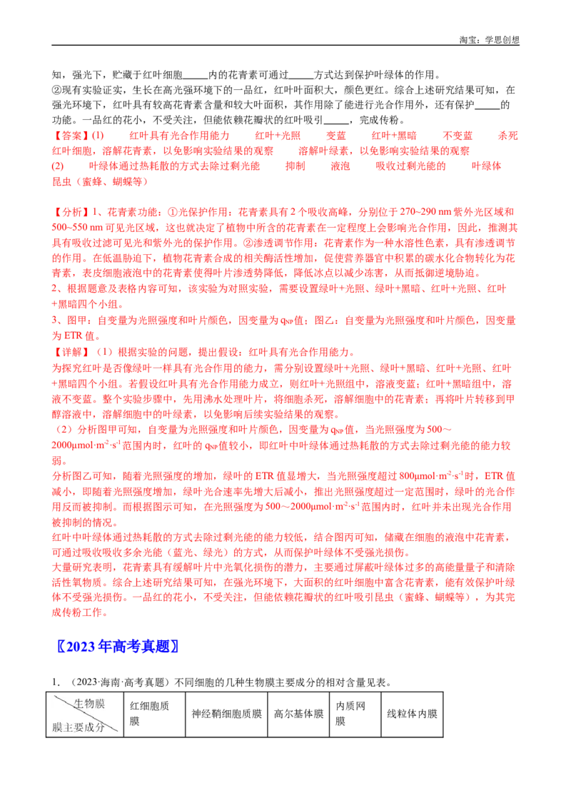 专题02细胞的结构和功能-好题汇编十年（2015-2024）高考生物真题分类汇编（全国通用）（解析版）_生物真题汇总_十年（2014-2024）高考生物真题分项汇编（全国通用）