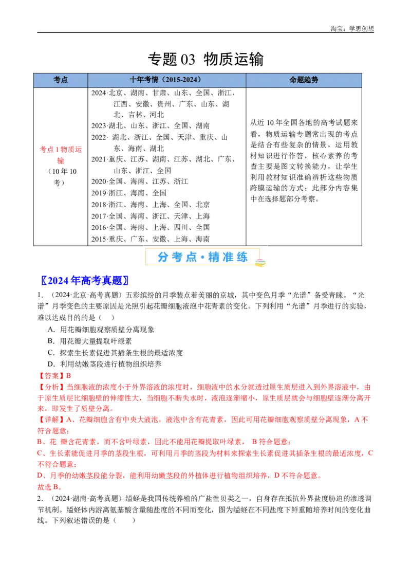 专题03物质运输-好题汇编十年（2015-2024）高考生物真题分类汇编（全国通用）（解析版）_生物真题汇总_十年（2014-2024）高考生物真题分项汇编（全国通用）