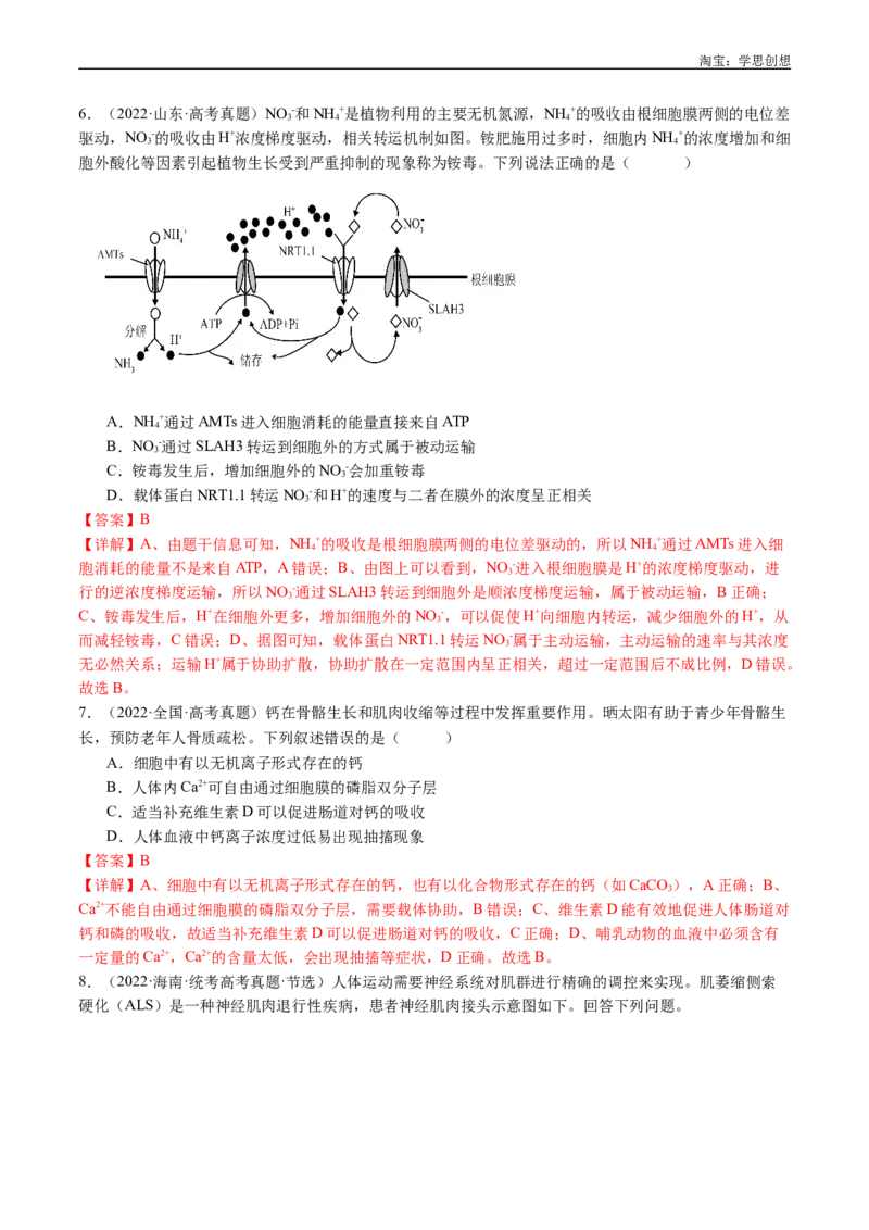 专题03物质运输-好题汇编十年（2015-2024）高考生物真题分类汇编（全国通用）（解析版）_生物真题汇总_十年（2014-2024）高考生物真题分项汇编（全国通用）