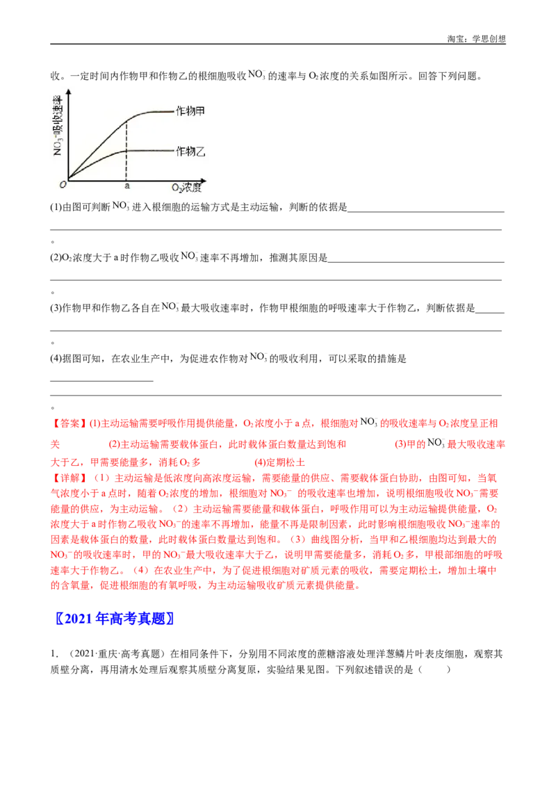 专题03物质运输-好题汇编十年（2015-2024）高考生物真题分类汇编（全国通用）（解析版）_生物真题汇总_十年（2014-2024）高考生物真题分项汇编（全国通用）