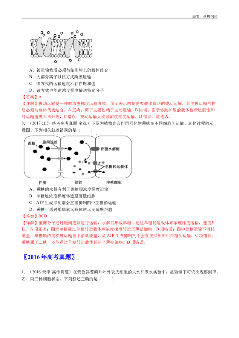 专题03物质运输-好题汇编十年（2015-2024）高考生物真题分类汇编（全国通用）（解析版）_生物真题汇总_十年（2014-2024）高考生物真题分项汇编（全国通用）