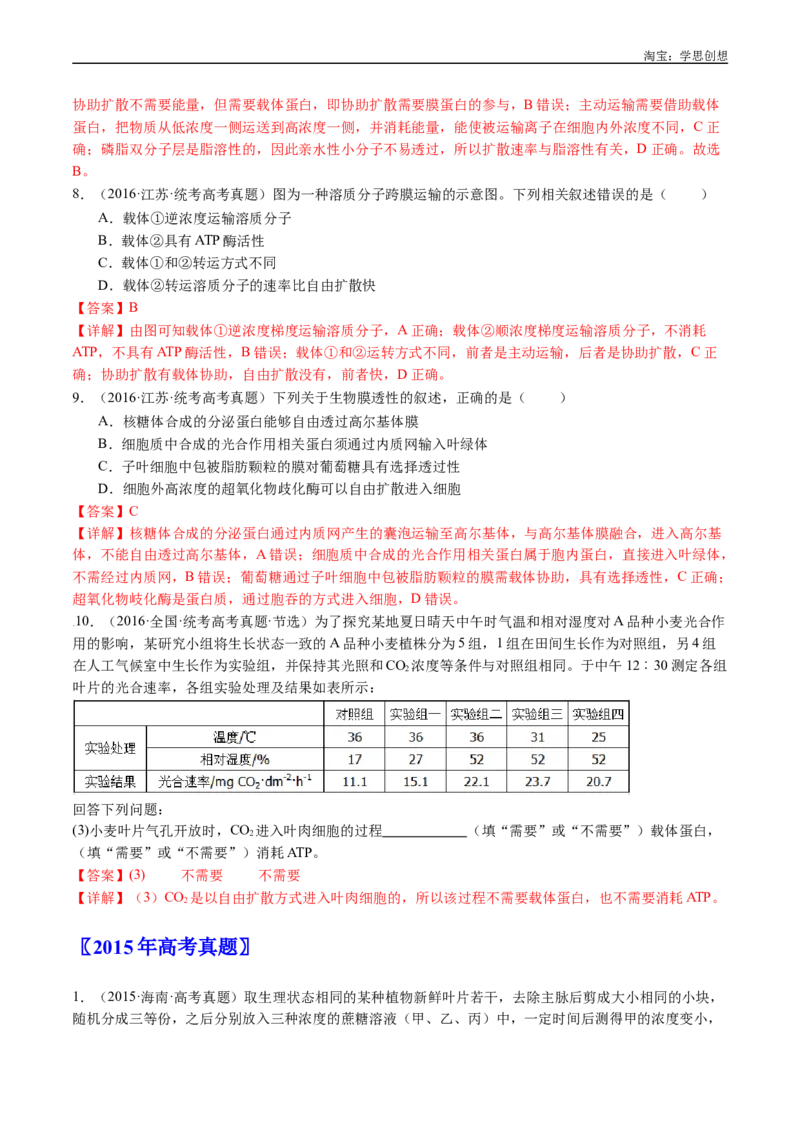 专题03物质运输-好题汇编十年（2015-2024）高考生物真题分类汇编（全国通用）（解析版）_生物真题汇总_十年（2014-2024）高考生物真题分项汇编（全国通用）