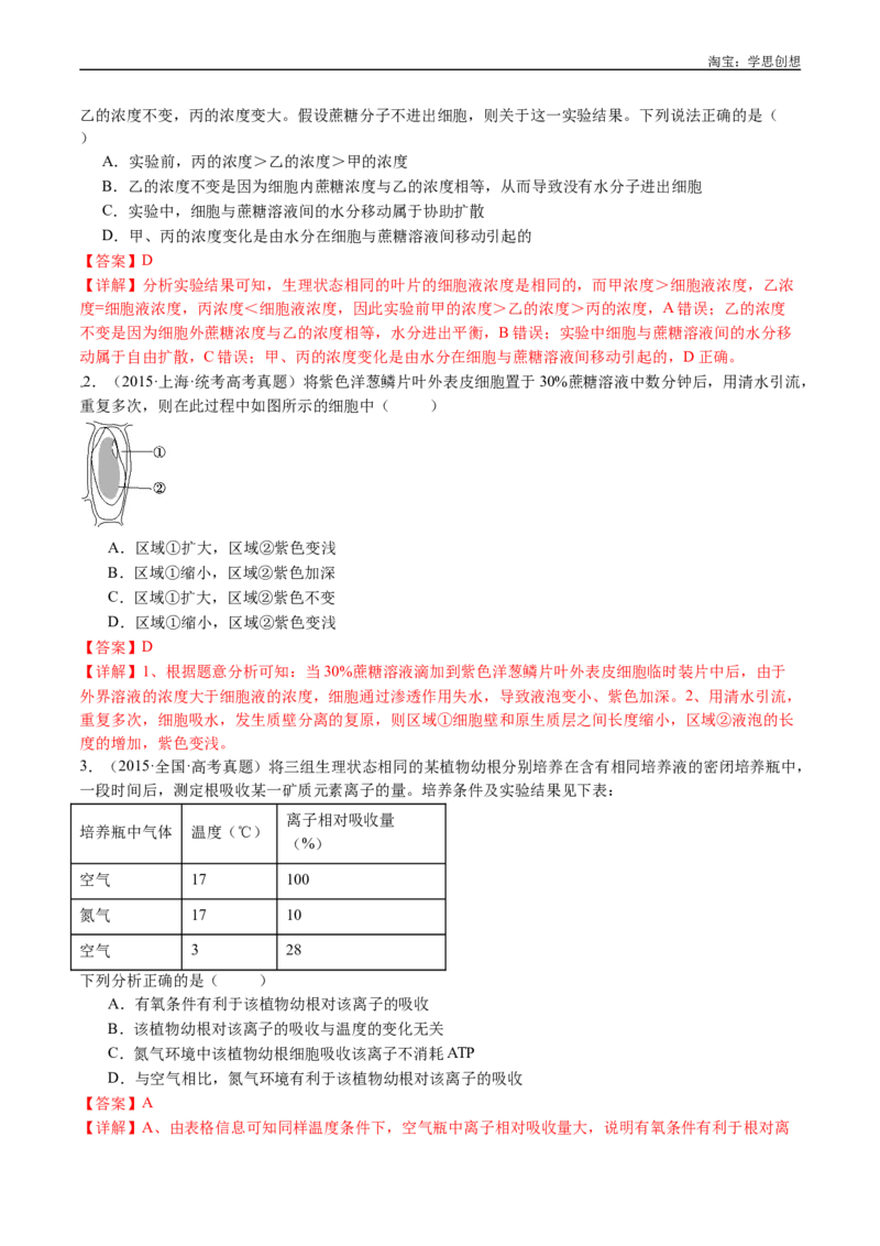 专题03物质运输-好题汇编十年（2015-2024）高考生物真题分类汇编（全国通用）（解析版）_生物真题汇总_十年（2014-2024）高考生物真题分项汇编（全国通用）
