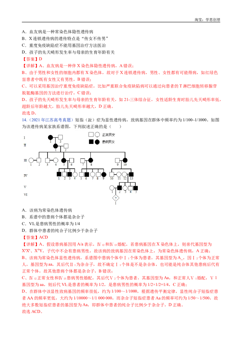 专题13伴性遗传和人类遗传病-好题汇编十年（2015-2024）高考生物真题分类汇编（全国通用）（解析版）_生物真题汇总_十年（2014-2024）高考生物真题分项汇编（全国通用）