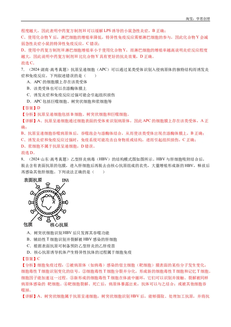 专题19免疫调节-好题汇编十年（2015-2024）高考生物真题分类汇编（全国通用）（解析版）_生物真题汇总_十年（2014-2024）高考生物真题分项汇编（全国通用）