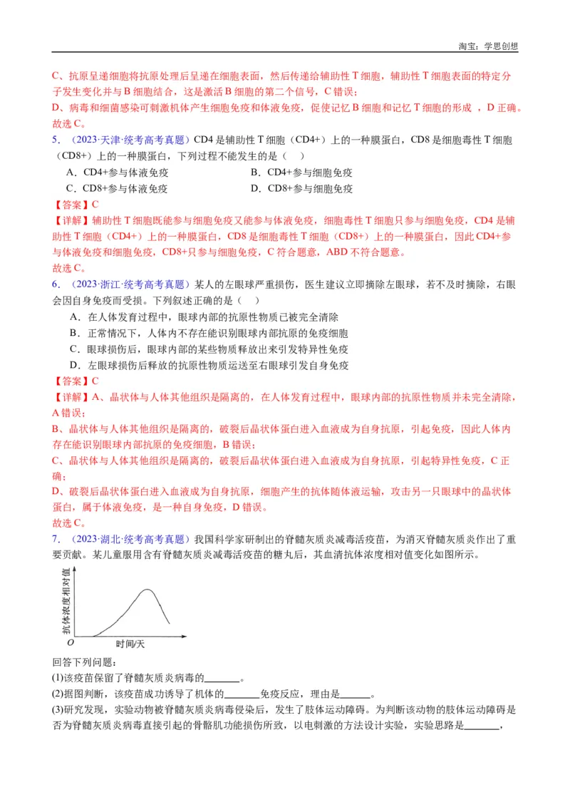 专题19免疫调节-好题汇编十年（2015-2024）高考生物真题分类汇编（全国通用）（解析版）_生物真题汇总_十年（2014-2024）高考生物真题分项汇编（全国通用）