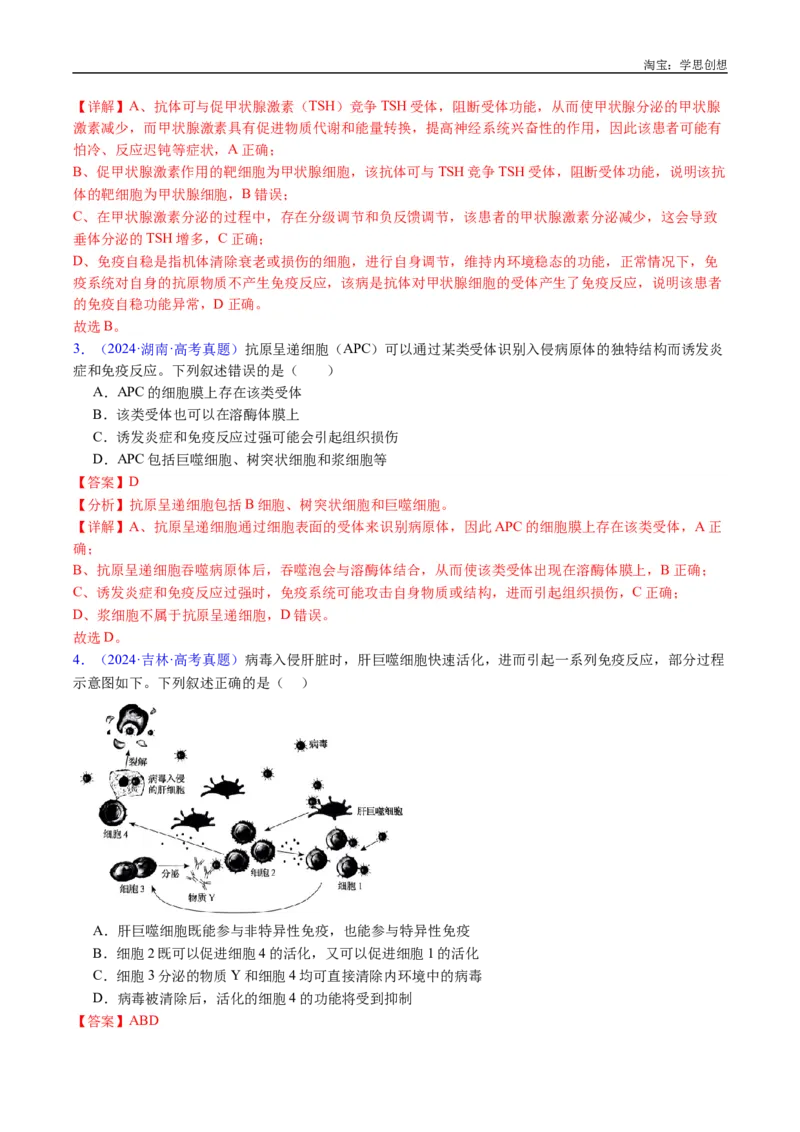 专题19免疫调节-好题汇编十年（2015-2024）高考生物真题分类汇编（全国通用）（解析版）_生物真题汇总_十年（2014-2024）高考生物真题分项汇编（全国通用）
