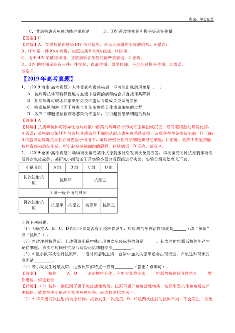 专题19免疫调节-好题汇编十年（2015-2024）高考生物真题分类汇编（全国通用）（解析版）_生物真题汇总_十年（2014-2024）高考生物真题分项汇编（全国通用）