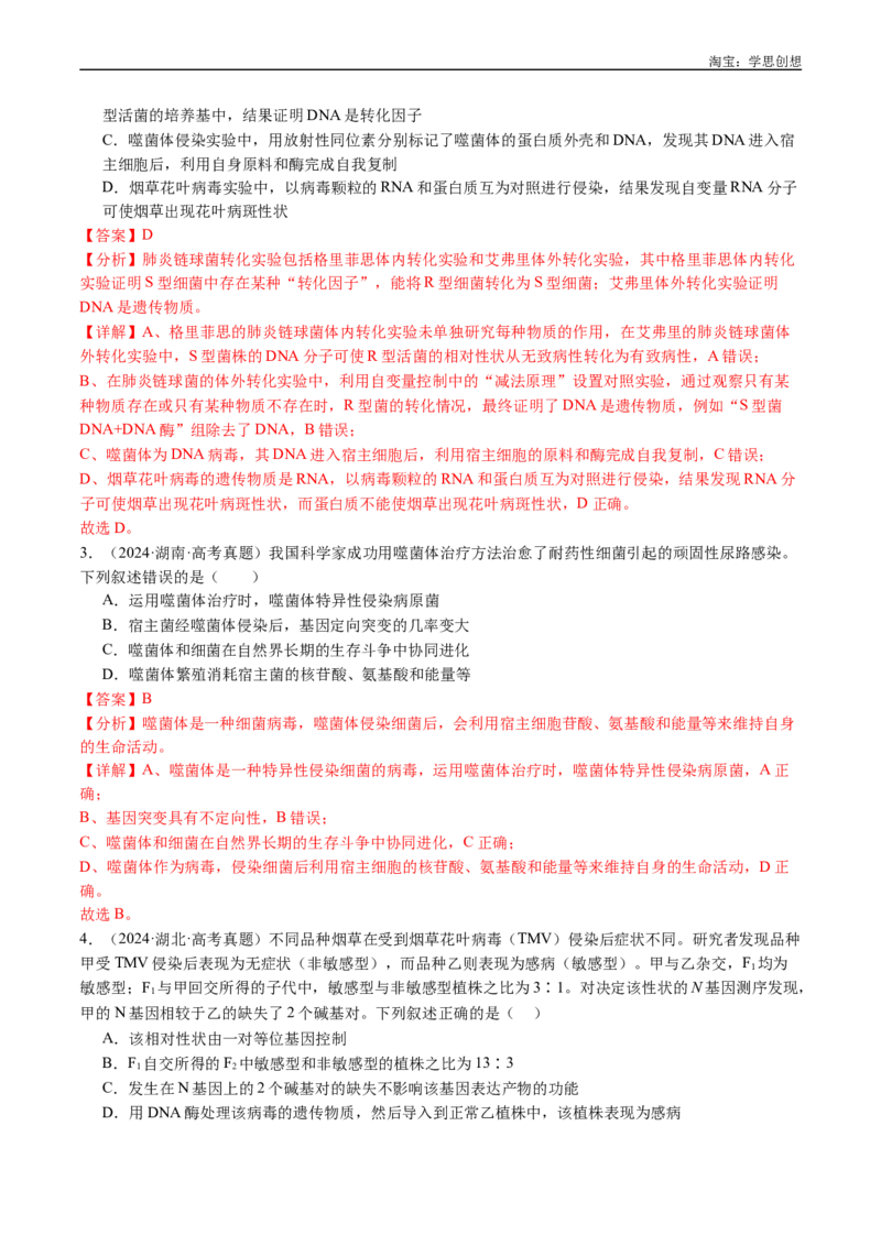 专题10遗传的分子基础-好题汇编十年（2015-2024）高考生物真题分项汇编（全国通用）（解析版）_生物真题汇总_十年（2014-2024）高考生物真题分项汇编（全国通用）