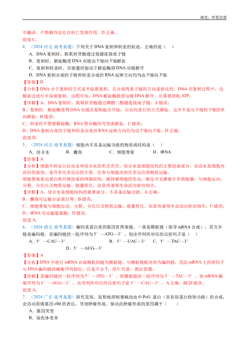 专题10遗传的分子基础-好题汇编十年（2015-2024）高考生物真题分项汇编（全国通用）（解析版）_生物真题汇总_十年（2014-2024）高考生物真题分项汇编（全国通用）