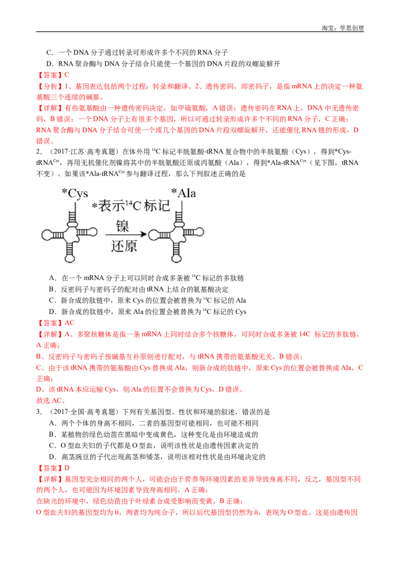 专题10遗传的分子基础-好题汇编十年（2015-2024）高考生物真题分项汇编（全国通用）（解析版）_生物真题汇总_十年（2014-2024）高考生物真题分项汇编（全国通用）