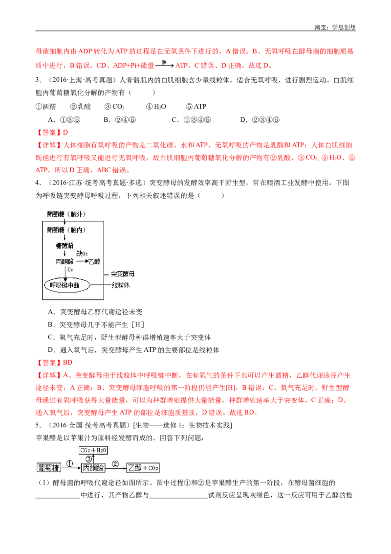 专题05细胞呼吸-好题汇编十年（2015-2024）高考生物真题分类汇编（全国通用）（解析版）_生物真题汇总_十年（2014-2024）高考生物真题分项汇编（全国通用）