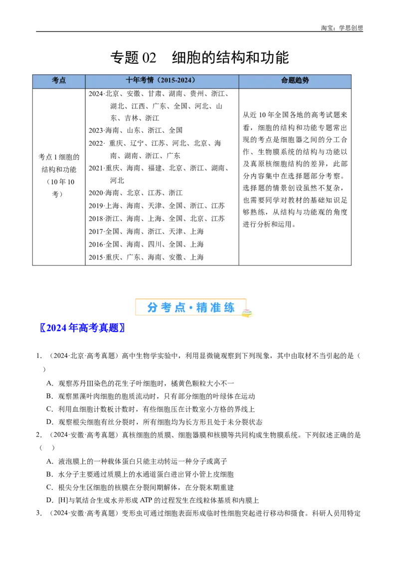 专题02细胞的结构和功能-好题汇编十年（2015-2024）高考生物真题分类汇编（全国通用）（原卷版）_生物真题汇总_十年（2014-2024）高考生物真题分项汇编（全国通用）