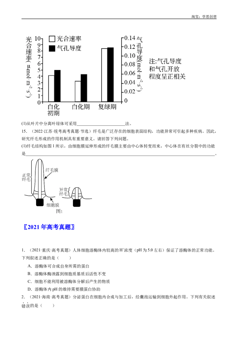 专题02细胞的结构和功能-好题汇编十年（2015-2024）高考生物真题分类汇编（全国通用）（原卷版）_生物真题汇总_十年（2014-2024）高考生物真题分项汇编（全国通用）