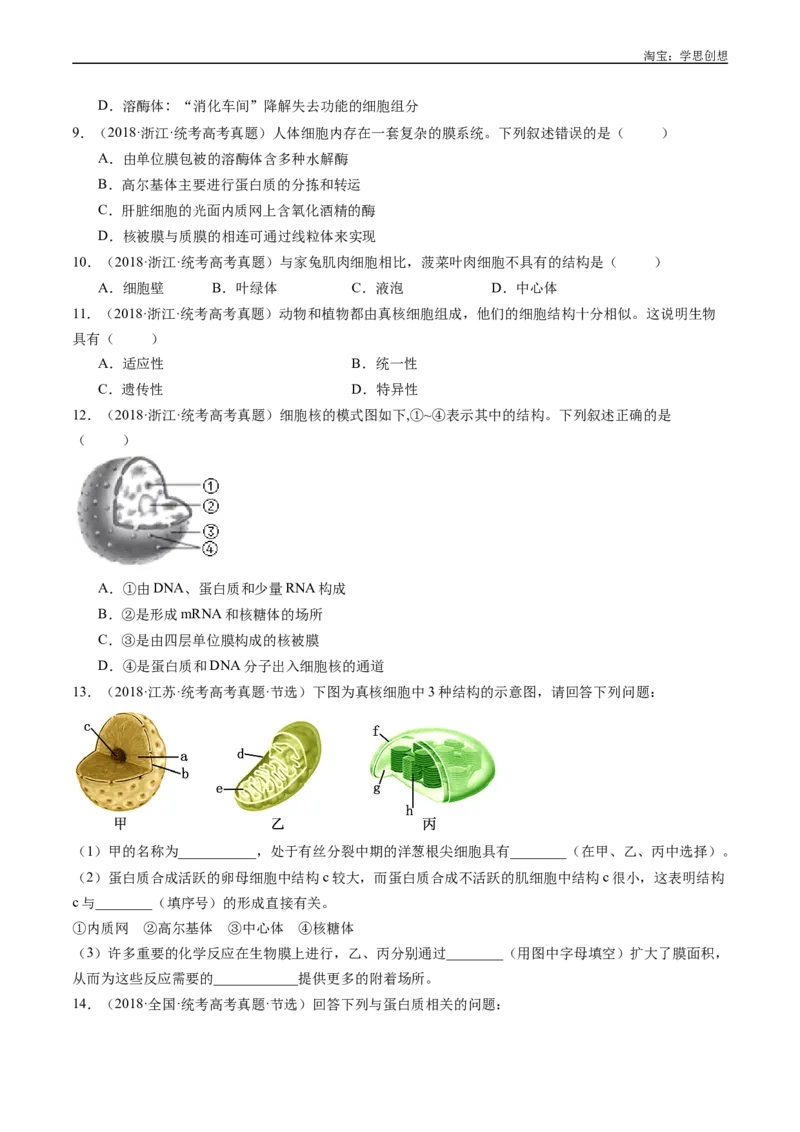 专题02细胞的结构和功能-好题汇编十年（2015-2024）高考生物真题分类汇编（全国通用）（原卷版）_生物真题汇总_十年（2014-2024）高考生物真题分项汇编（全国通用）
