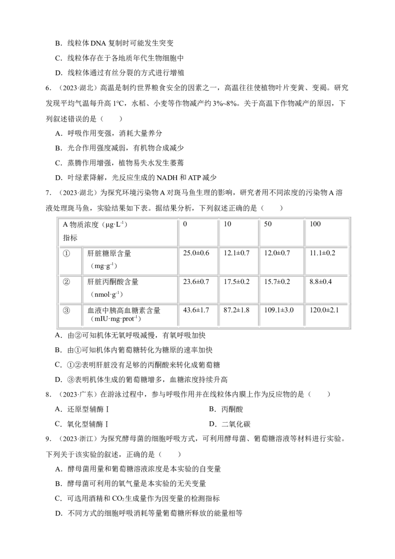 专题05呼吸作用_生物真题汇总_&radic;近三年（2023-2025）高考生物真题分专项精编_真题分专项汇编