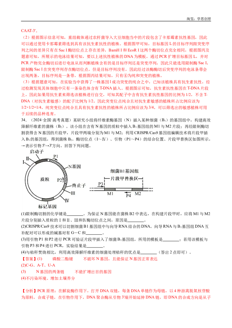 专题25基因工程-好题汇编十年（2015-2024）高考生物真题分类汇编（全国通用）（解析版）_生物真题汇总_十年（2014-2024）高考生物真题分项汇编（全国通用）
