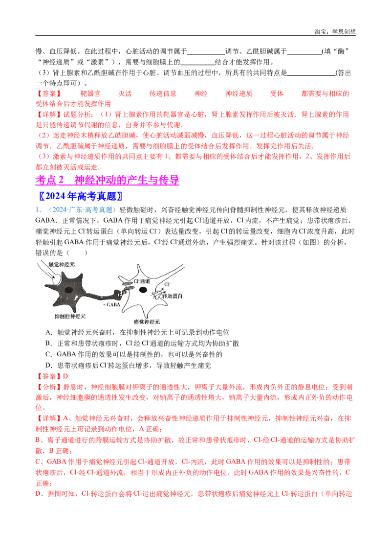 专题17神经调节-好题汇编十年（2015-2024）高考生物真题分类汇编（全国通用）（解析版）_生物真题汇总_十年（2014-2024）高考生物真题分项汇编（全国通用）