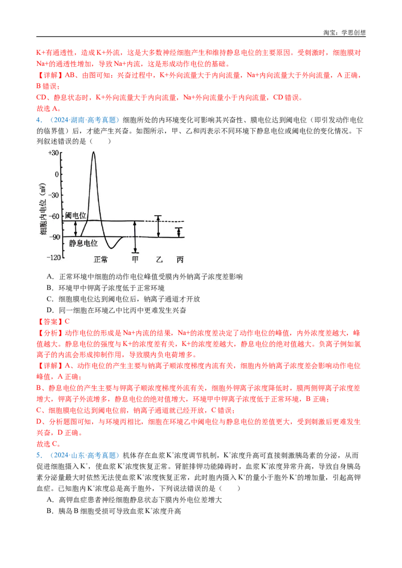 专题17神经调节-好题汇编十年（2015-2024）高考生物真题分类汇编（全国通用）（解析版）_生物真题汇总_十年（2014-2024）高考生物真题分项汇编（全国通用）