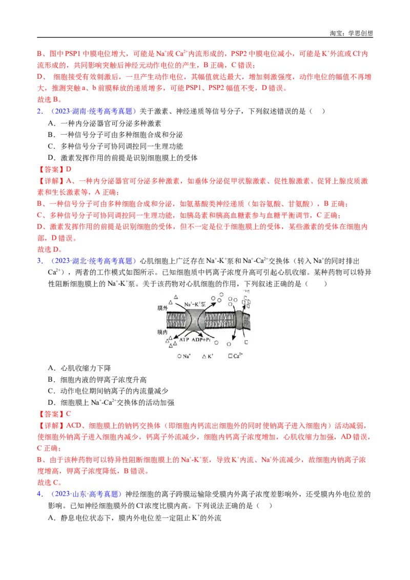 专题17神经调节-好题汇编十年（2015-2024）高考生物真题分类汇编（全国通用）（解析版）_生物真题汇总_十年（2014-2024）高考生物真题分项汇编（全国通用）