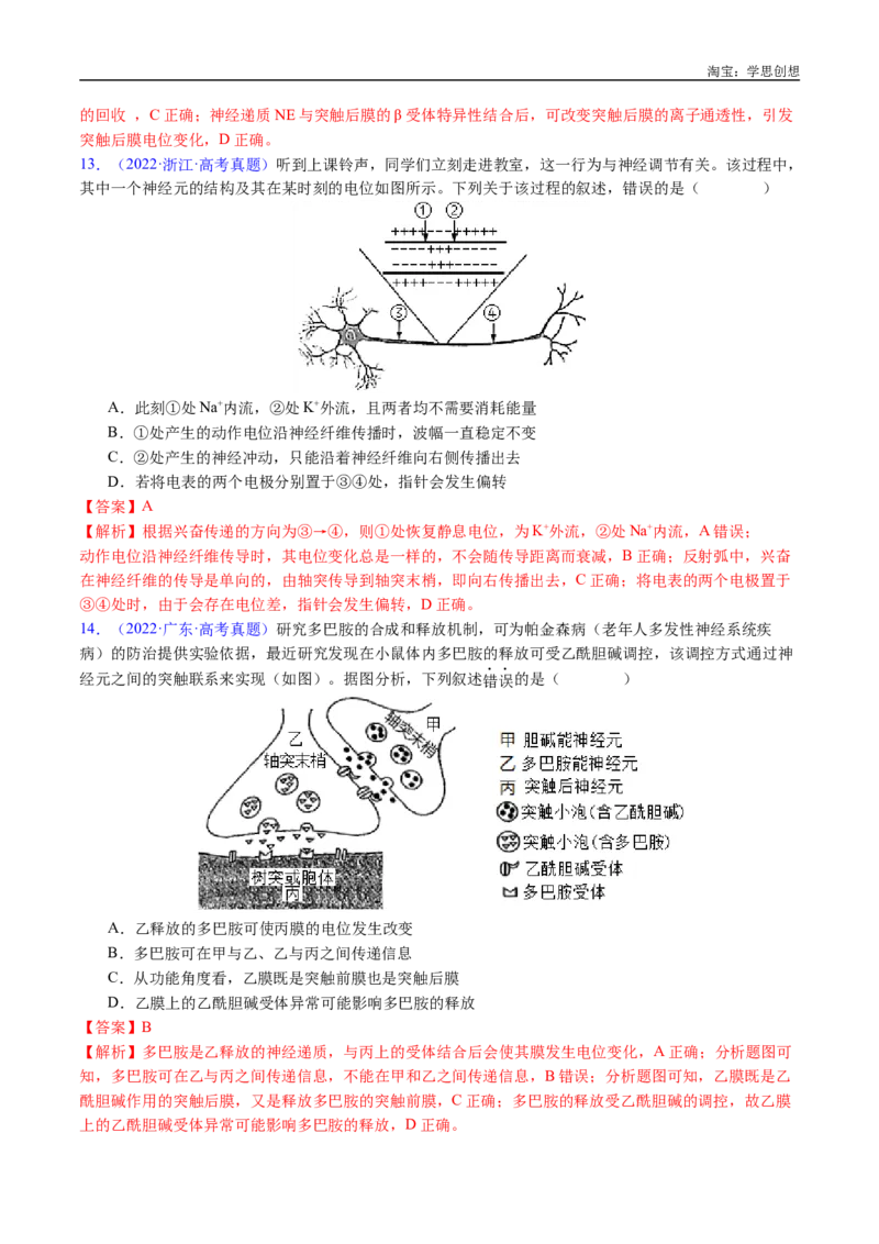 专题17神经调节-好题汇编十年（2015-2024）高考生物真题分类汇编（全国通用）（解析版）_生物真题汇总_十年（2014-2024）高考生物真题分项汇编（全国通用）