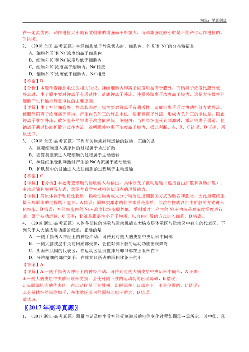 专题17神经调节-好题汇编十年（2015-2024）高考生物真题分类汇编（全国通用）（解析版）_生物真题汇总_十年（2014-2024）高考生物真题分项汇编（全国通用）