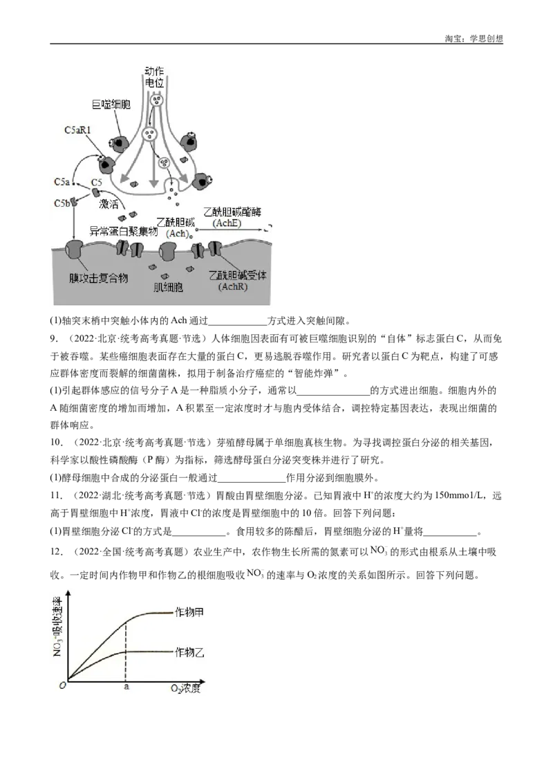 专题03物质运输-好题汇编十年（2015-2024）高考生物真题分类汇编（全国通用）（原卷版）_生物真题汇总_十年（2014-2024）高考生物真题分项汇编（全国通用）